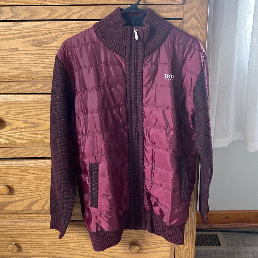 Hugo Boss jacket, maroon jacket, fleece lined with pockets